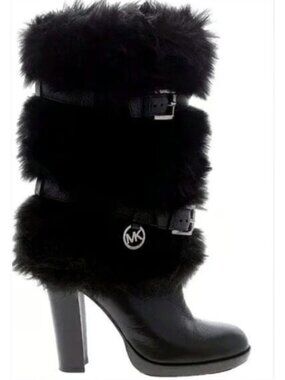 💥SHOWSTOPPER!💥MICHAEL KORS Genuine Leather Fur Trim Buckle Boots in Black